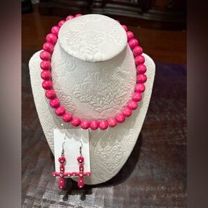 Pink wooden bead necklace and cross bling earring set